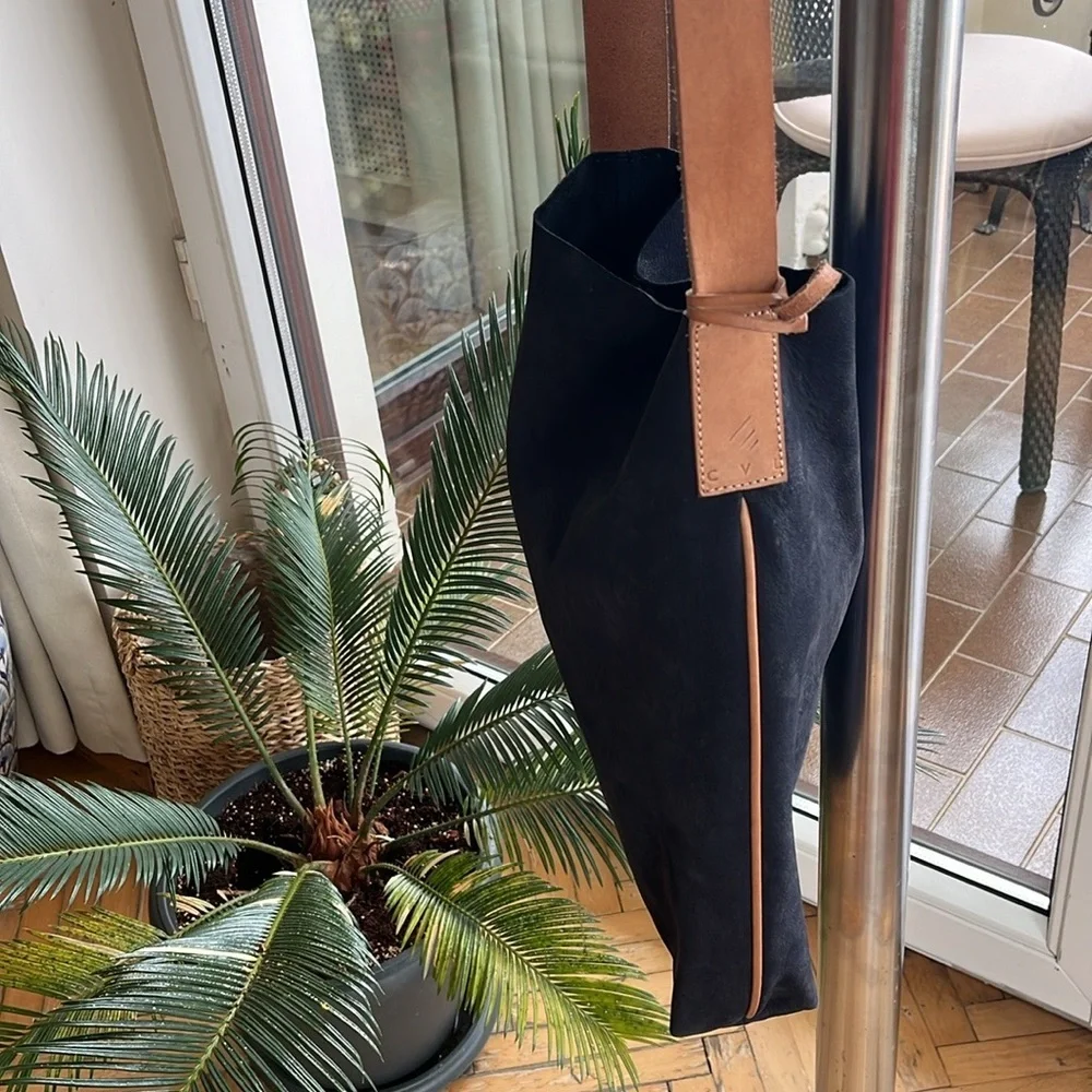 Navy Blue Suede Hobo Shoulder Bag with Tan Strap
